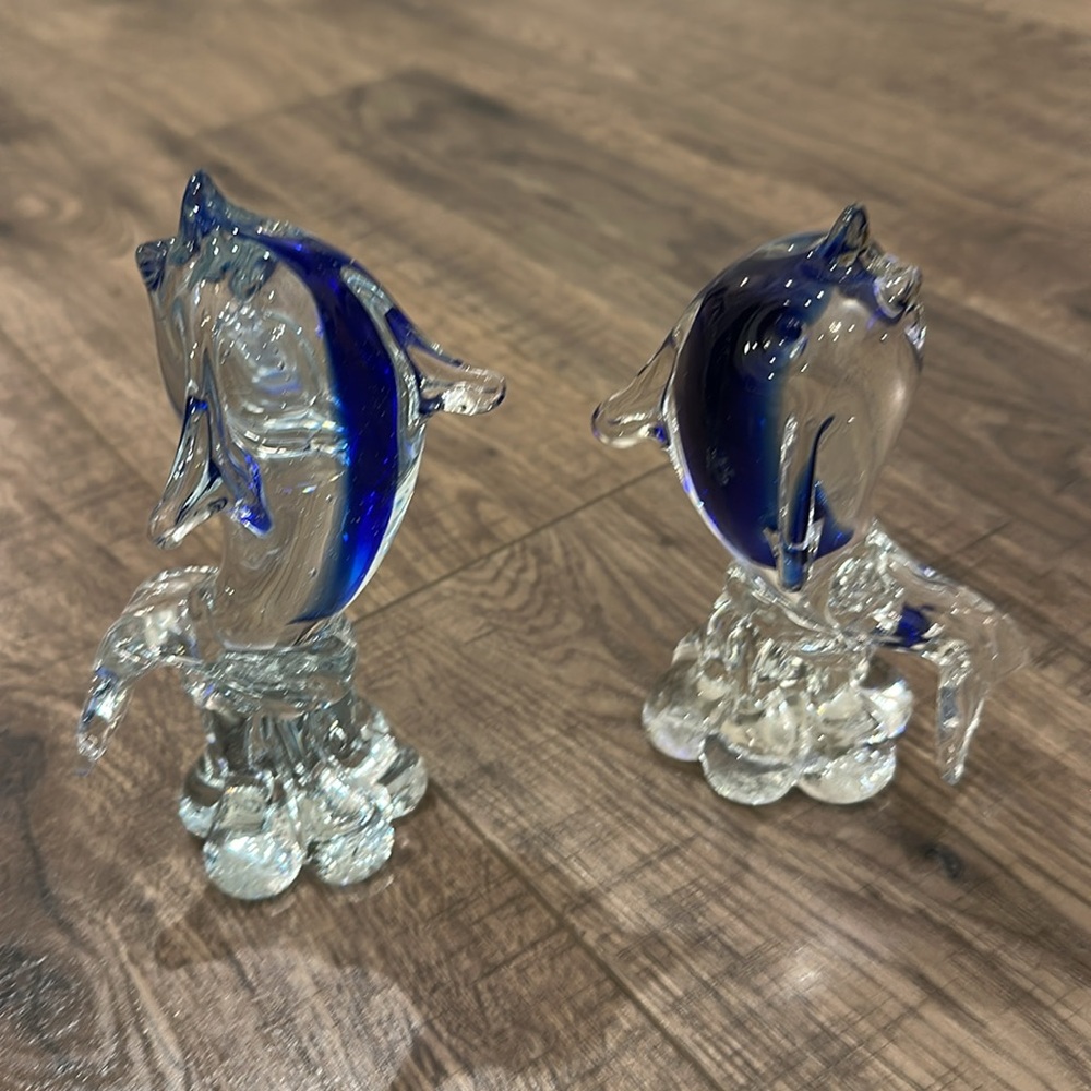 Set of Two Cobalt Blue & Clear Hand Blown Glass Dolphins